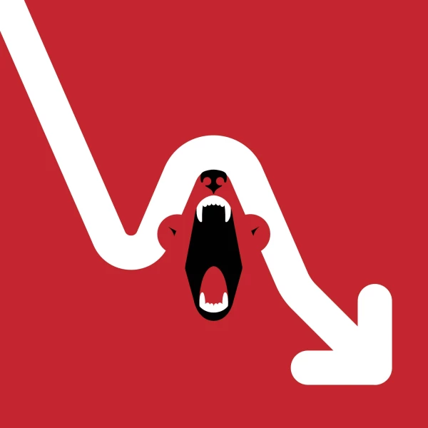 Graphic image with a roaring bear moving a downward arrow