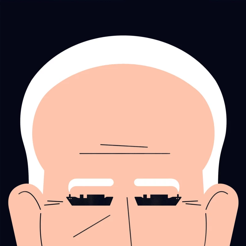 Graphic image of Biden with container ships as eyes. Illustration by Giulio Bonasera, Conceptual, 