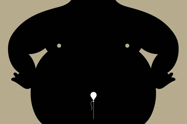 Graphic image of a person with a bloated stomach and the belly button is a balloon