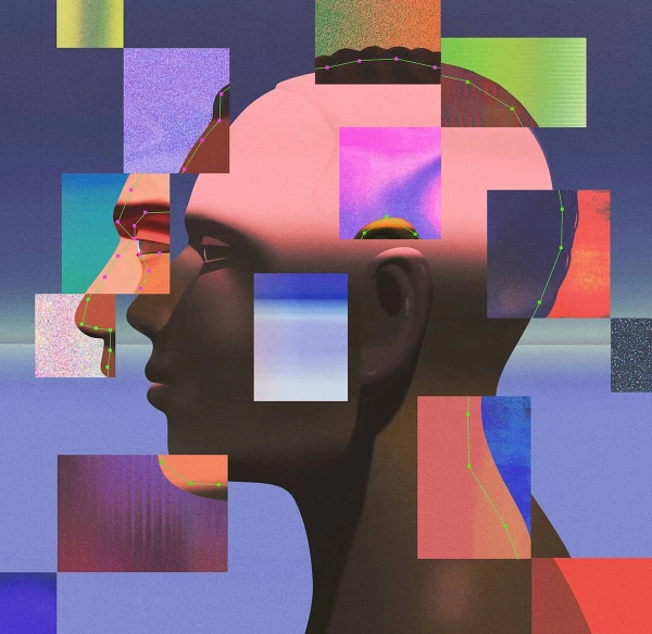 Illustration of a profile of a man, with large abstract shapes, highlighting or obscuring parts of his face. Illustration by Ibrahim Rayintakath, Conceptual, Figurative, 