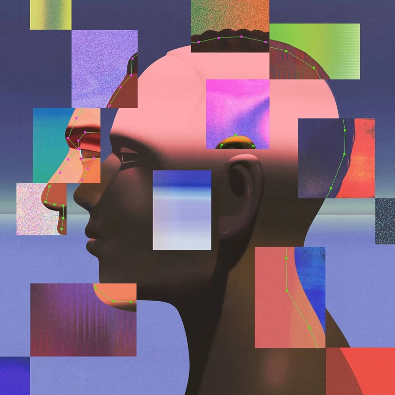 Illustration of a profile of a man, with large abstract shapes, highlighting or obscuring parts of his face. Illustration by Ibrahim Rayintakath, Conceptual, Figurative, 