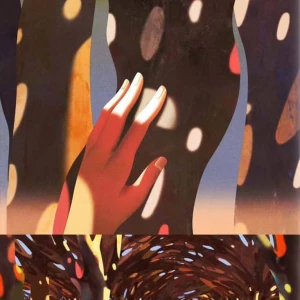 Illustration with 2 panels. Top panel shows a hand resting on a tree. Bottom panel shows orchard of trees casting shadows.. Illustration by Ibrahim Rayintakath, Conceptual, Nature, 