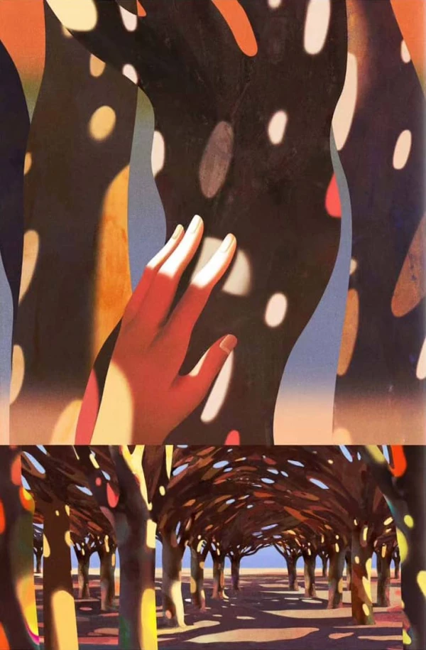 Illustration with 2 panels. Top panel shows a hand resting on a tree. Bottom panel shows orchard of trees casting shadows.. Illustration by Ibrahim Rayintakath, Conceptual, Nature, 