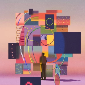 Illustration of a person standing in front of a large multicolored, floating monolith. Illustration by Ibrahim Rayintakath, Business, Conceptual, 