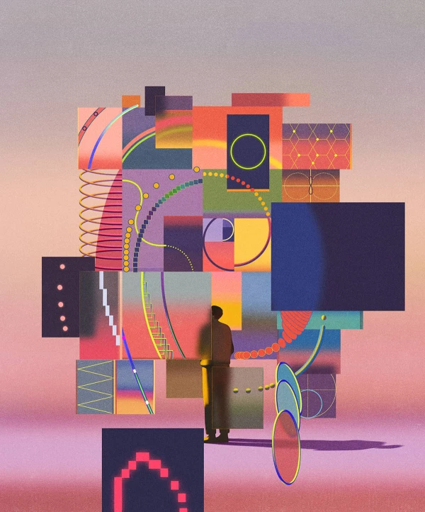 Illustration of a person standing in front of a large multicolored, floating monolith