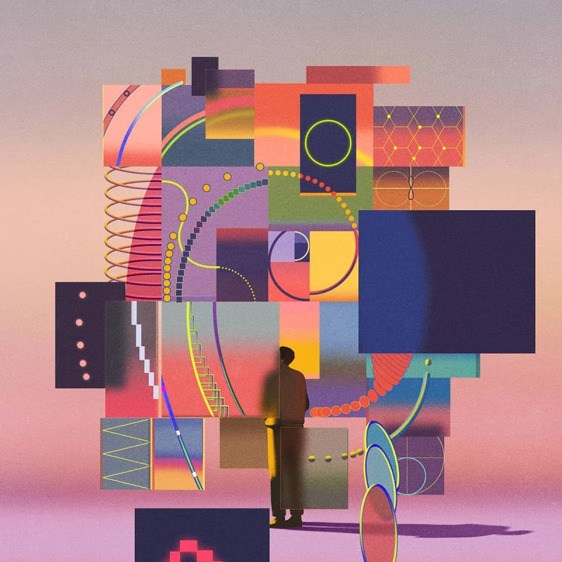 Illustration of a person standing in front of a large multicolored, floating monolith. Illustration by Ibrahim Rayintakath, Business, Conceptual, 