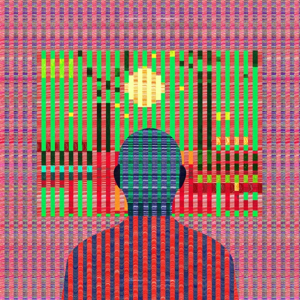 A glitched illustration of a person looking out a window on polluting factories. Illustration by Ibrahim Rayintakath, Conceptual, Decorative, 