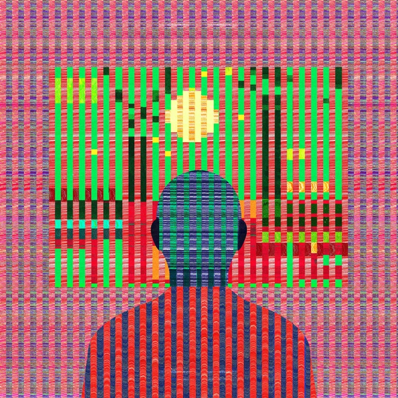 A glitched illustration of a person looking out a window on polluting factories. Illustration by Ibrahim Rayintakath, Conceptual, Decorative, 