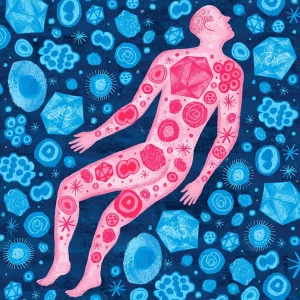 Stylized image of a man with different red shapes drawn on his body, floating through a sea of blue shapes. Illustration by James O’Brien, Conceptual, Lifestyle, Figurative, 