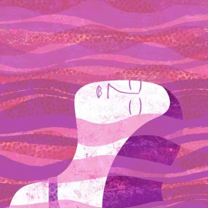 Abstract image of woman floating in pink waves. Illustration by James O’Brien, Decorative, Lifestyle, Whimsical, Figurative, 