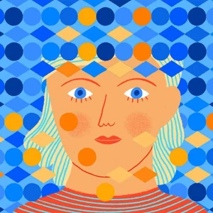 Abstract image of young person emerging from a back ground of multi-color shapes. Illustration by James O’Brien, Decorative, Figurative, Children, 