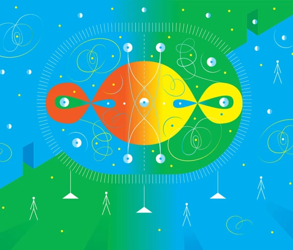 Graphic illustration of brightly colored circles and whirling paths going around gradiated circles.. Illustration by James O’Brien, Conceptual, Nature, 