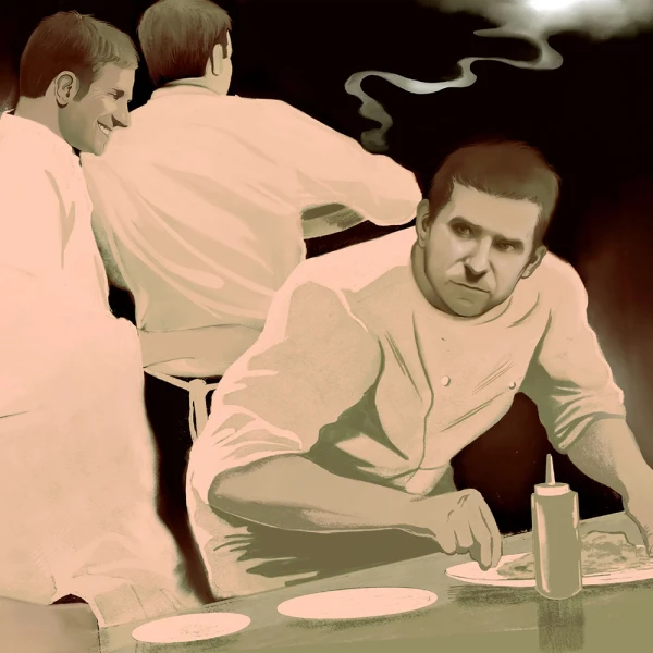 Illustration of a chef, in different poses, working in a kitchen