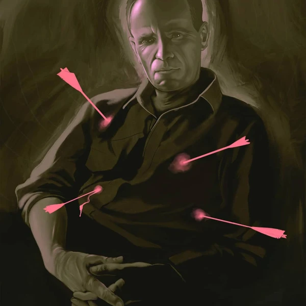 Dark, moody illustration of author Cormac McCarthy who is pierced with glowing red arrows.