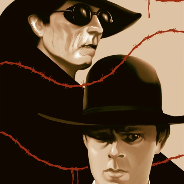 Illustration of two characters from the movie Wise Blood with barbed wire dripping blood.