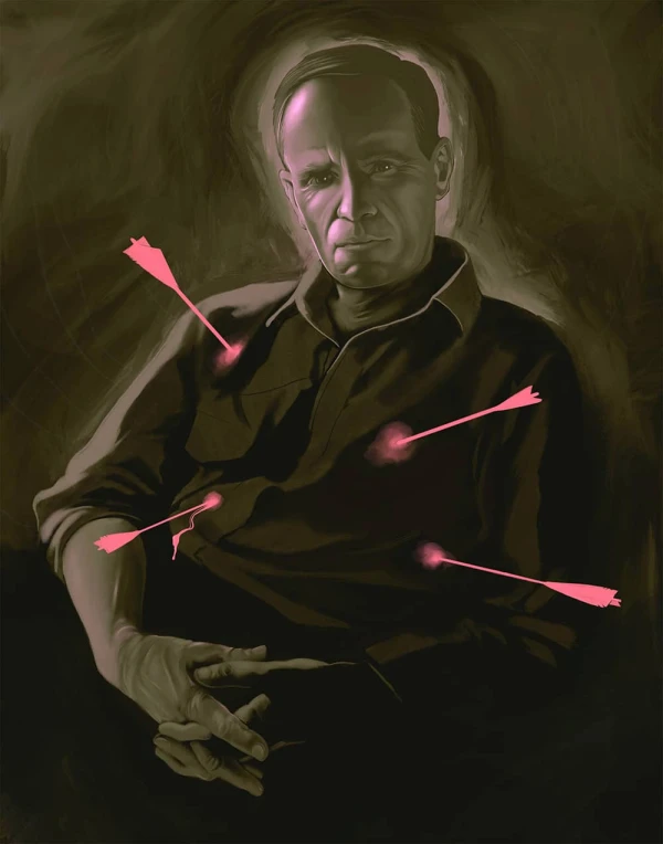 Dark, moody illustration of author Cormac McCarthy who is pierced with glowing red arrows.