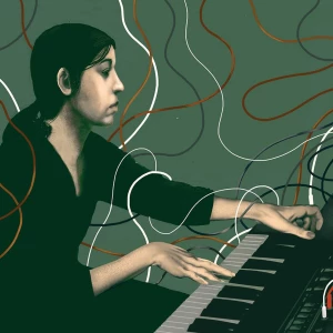 Portrait of musician Suzanne Ciani at a keyboard, surrounded by cables. Illustration by Jay Torres, Portrait, Figurative, 