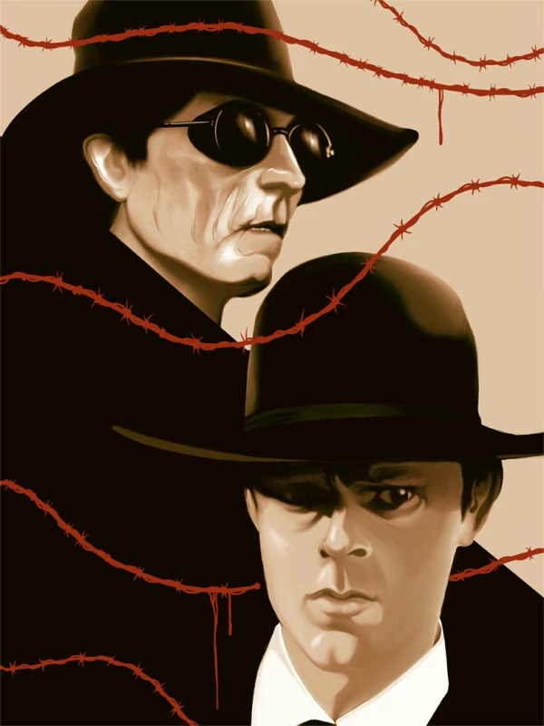 Illustration of two characters from the movie Wise Blood with barbed wire dripping blood.. Illustration by Jay Torres, Figurative, Portrait, 