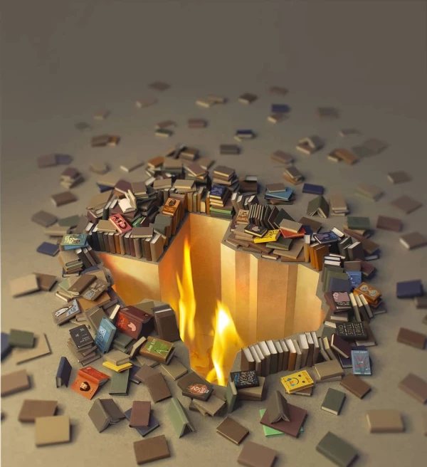 Image of pile of book in the shape of Texas that is burning