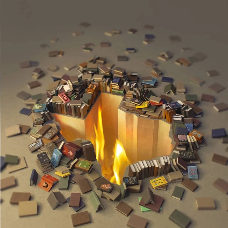 Image of pile of book in the shape of Texas that is burning. Illustration by Jeff Hinchee, Conceptual, 