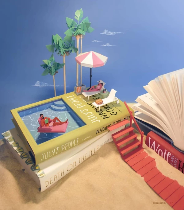 Three dimensional illustration of people sunbathing and reading books, on a giant stack of books at the beach.