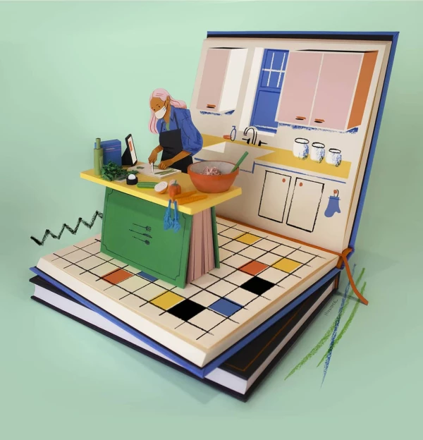 Three dimensional illustration of a book that opens up as a kitchen with a woman working in it.