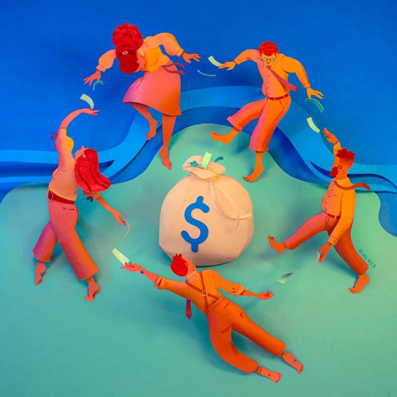 Illustration made from cut paper, resembling Matisse’s La Danse, but the figures are young people dancing around a bag of money. Illustration by Jeff Hinchee, Conceptual, Figurative, Business, 