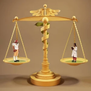 3-D illustration of a caduceus balancing a large scale. One figure on scale is a football player, the other person on the scale is a doctor.. Illustration by Jeff Hinchee, Conceptual, 