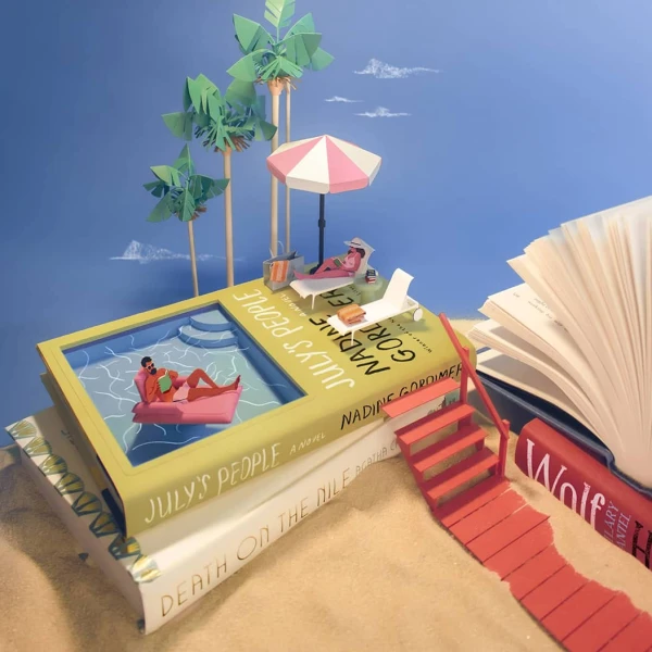 Three dimensional illustration of people sunbathing and reading books, on a giant stack of books at the beach.
