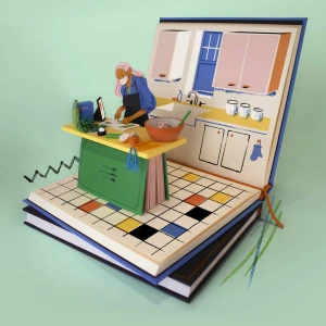 Three dimensional illustration of a book that opens up as a kitchen with a woman working in it.. Illustration by Jeff Hinchee, Conceptual, Food & Beverage, Lifestyle, Figurative, Business, 