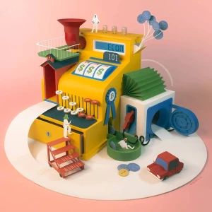 Three dimensional illustration of house as a cash register. Illustration by Jeff Hinchee, Conceptual, Business, 