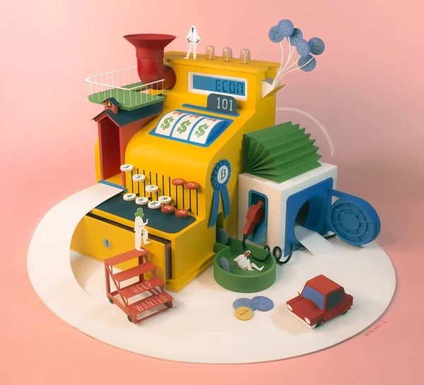 Three dimensional illustration of house as a cash register