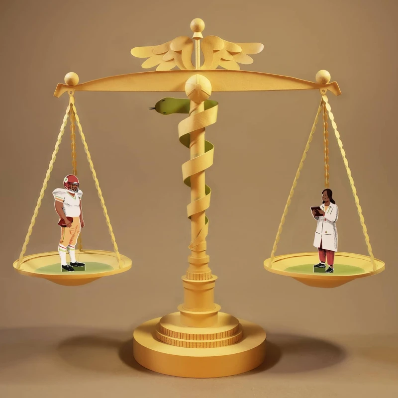 3-D illustration of a caduceus balancing a large scale. One figure on scale is a football player, the other person on the scale is a doctor.. Illustration by Jeff Hinchee, Conceptual, 