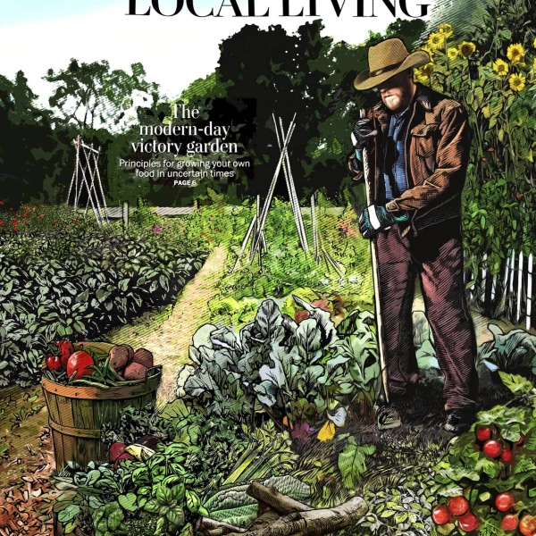 Illustrated cover a Local Living magazine with a large vegetable garden being tended to by a man in a cowboy hat.