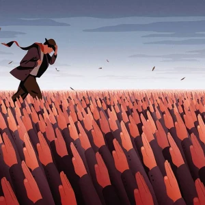 Illustration of a man trudging through a vast field of outstretched arms. Illustration by Joey Guidone, Conceptual, 