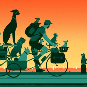 Graphic illustration of a man riding a bike with many cats and dogs, looking at a cat on the side of the road. Illustration by Joey Guidone, Lifestyle, 