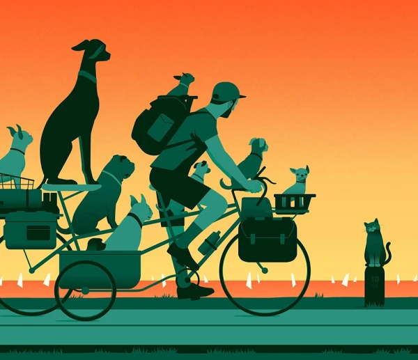 Graphic illustration of a man riding a bike with many cats and dogs, looking at a cat on the side of the road