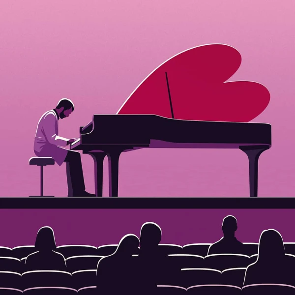 Illustration of a man playing a grand piano in the shape of a heart