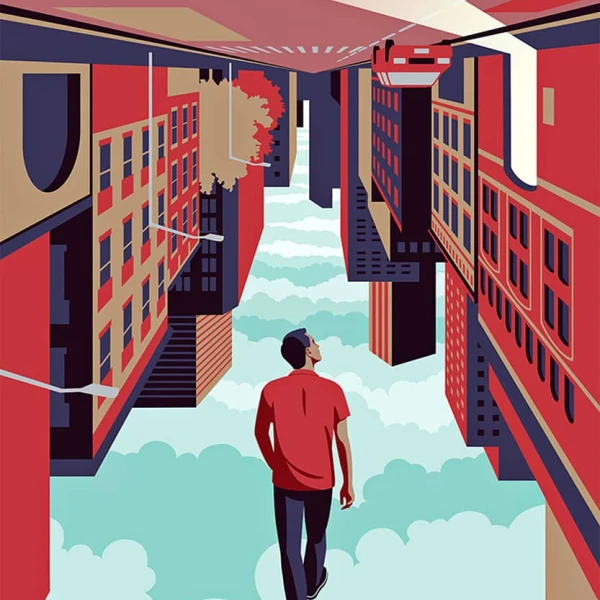 Illustration of a man walking through an urban landscape that is upside down.