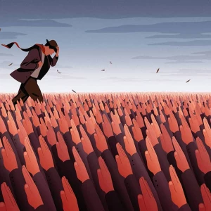 Illustration of a man trudging through a vast field of outstretched arms. Illustration by Joey Guidone, Conceptual, 