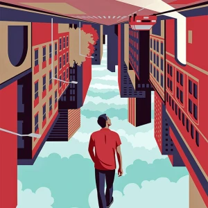 Illustration of a man walking through an urban landscape that is upside down.. Illustration by Joey Guidone, Conceptual, Figurative, Whimsical, 