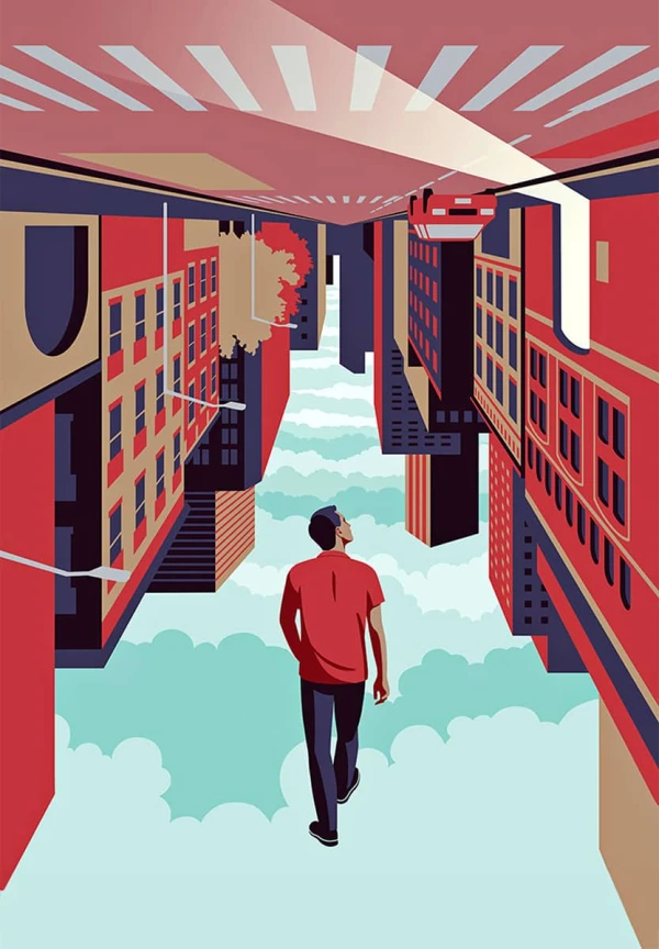 Illustration of a man walking through an urban landscape that is upside down.. Illustration by Joey Guidone, Conceptual, Figurative, Whimsical, 