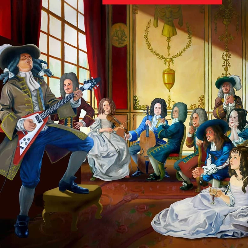 Painting of 18th-century artistocrats listening to a man play an electric guitar.. Illustration by Jon Berkeley, Whimsical, Conceptual, Figurative, 