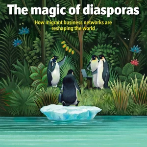 Magazine cover of penguins conducting business in a tropical jungle. Illustration by Jon Berkeley, Nature, Conceptual, Business, 