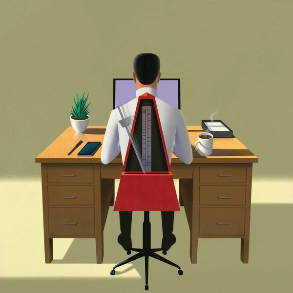 Illustration of an man working at an office desk, and the back of his chair is a metronome.