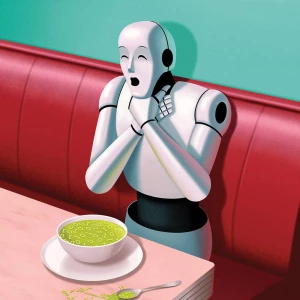 Illustration of a robot at a diner with a bowl of alphabet soup of 0s and 1s, choking. Illustration by Jon Krause, Conceptual, Business, 