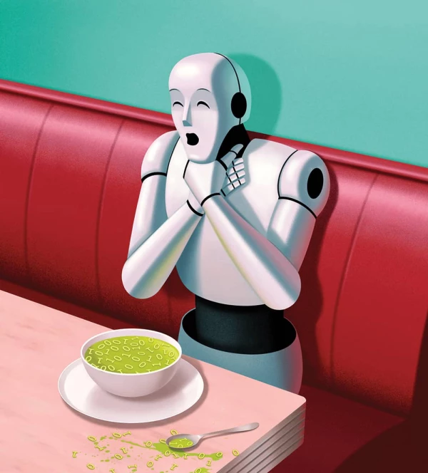 Illustration of a robot at a diner with a bowl of alphabet soup of 0s and 1s, choking