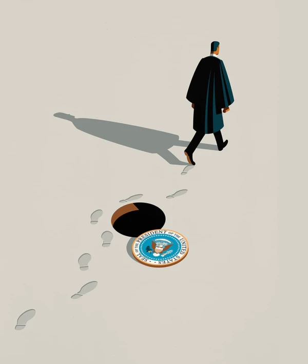 Illustration of a man in judge’s robe, walking around an open manhole, the manhole cover is the seal of the president.