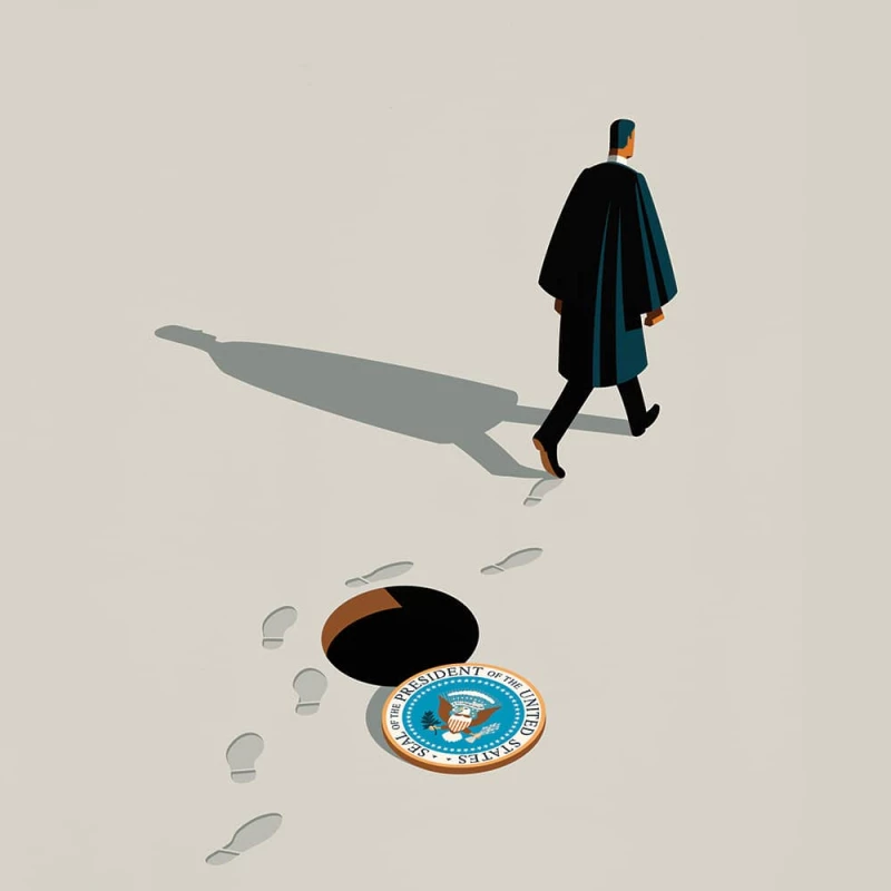 Illustration of a man in judge’s robe, walking around an open manhole, the manhole cover is the seal of the president.. Illustration by Jon Krause, Conceptual, 