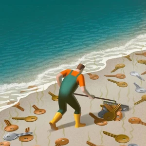 Illustration of a man on a beach raking up large keys that are scattered on the sand.. Illustration by Jon Krause, Conceptual, 